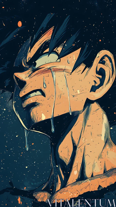 Intense anime warrior crying in stylized night scene.