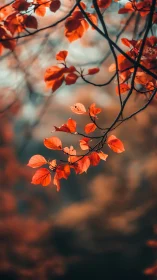Autumn tree branch with orange leaves in shallow focus.