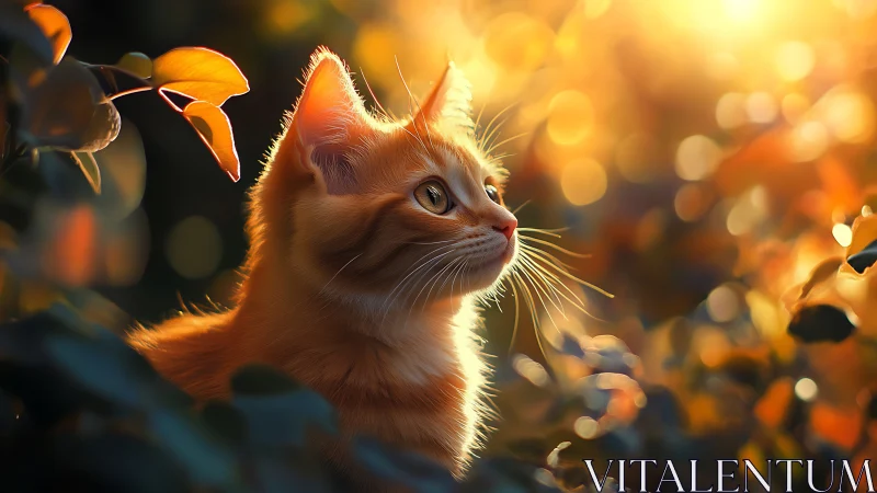 Golden Hour Kitten Gazes Upward Among Blooming Flowers