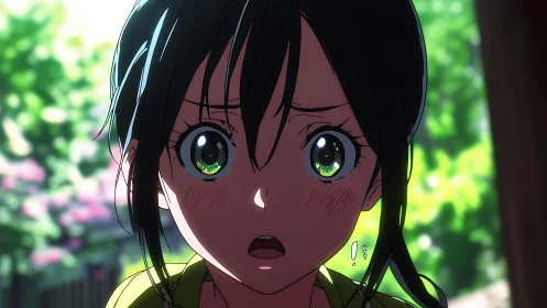 Summer sunlight freezes on her startled, wide green gaze