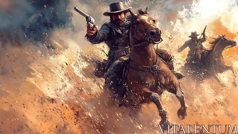 Outlaw gunslinger charges through blazing desert dust storm.