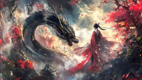 Mystic dragon confronts lone woman amid crimson blossoms