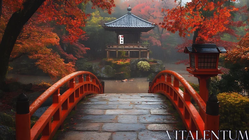 Misty red bridge leading toward a quiet autumn garden shrine.