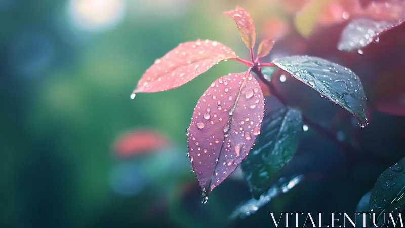 Morning raindrops rest softly on pink and green garden leaves