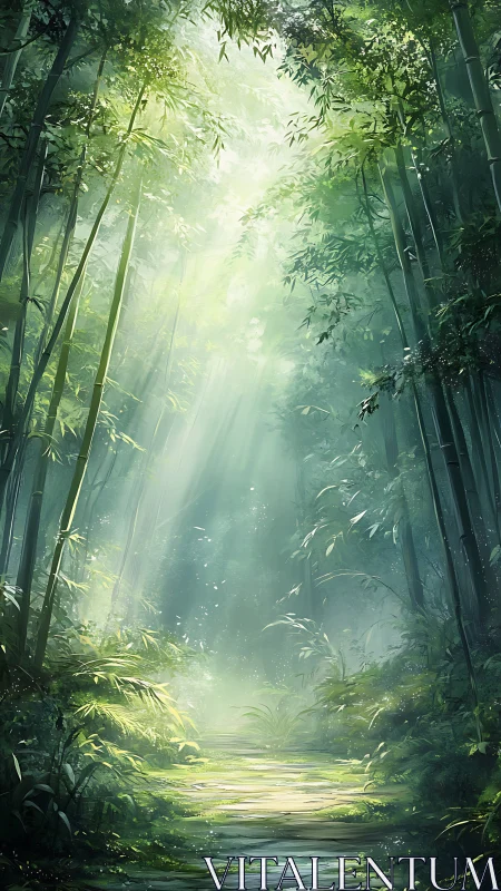 Illuminated Bamboo Forest Path with Water Stream.