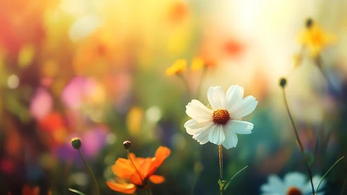 White Cosmos Bloom with Bokeh Garden Depth: Soft Focus Photography.