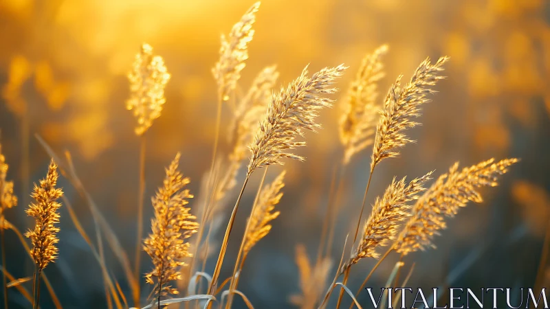 Backlit tall grass seed heads in warm sunset field scene.