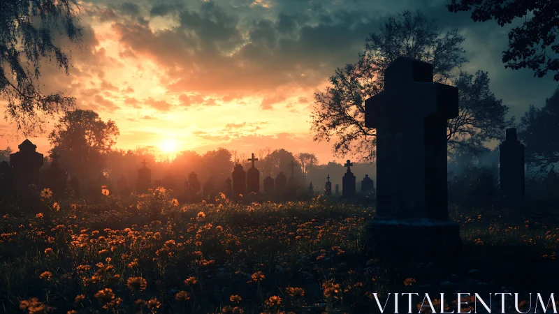 Sunrise over quiet cemetery with silhouetted stone crosses.