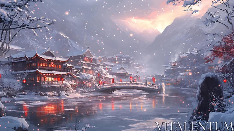 Snowlit riverside lantern town glows beneath winter dusk