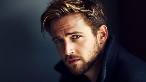 Moody male close-up portrait with soft cinematic lighting.