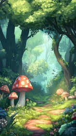 Enchanted Forest Glade: Luminescent Canopy with Agaric Clusters and Chromatic Path