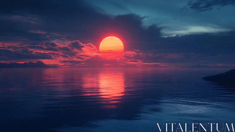 Digital seascape shows red sun low over horizon and reflection
