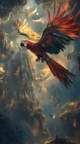 Digital macaw flock crosses vertical forest canyon space