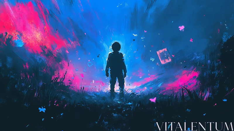 Stargazer child meets neon horizon in a hush of wonder.