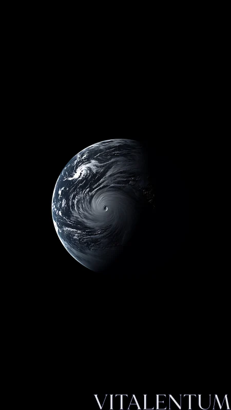Photorealistic Earth view with massive spiral storm system.