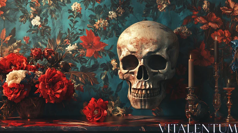 Velvet skull and scarlet blooms in baroque twilight still life.