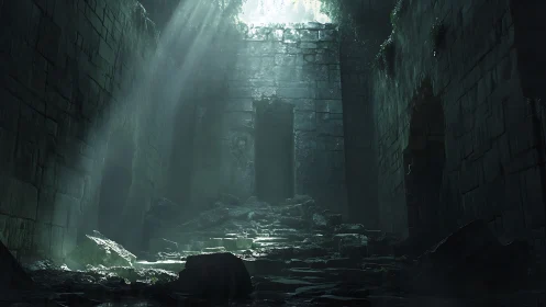 Light enters a ruined stone chamber through an overhead opening