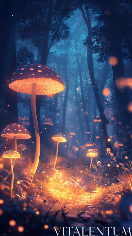 Illuminated fungi line a forest path under diffuse blue light