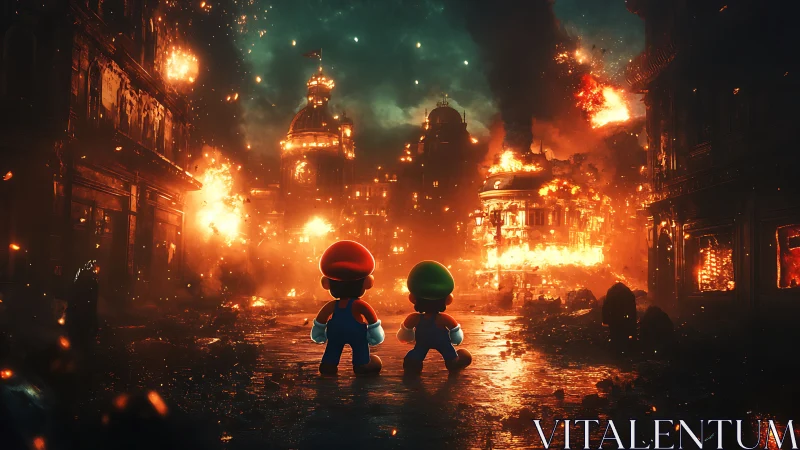Digital painting of cartoon heroes in apocalyptic city inferno.