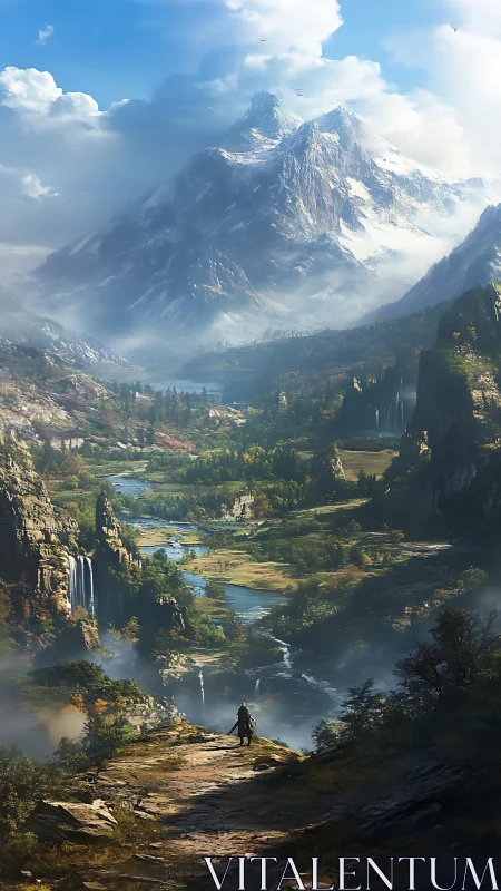 Lone wanderer crossing vast misty valley toward snowy peaks.