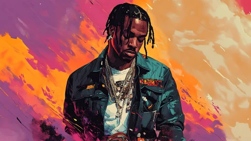 Chromatic vector portrait of braided musician in motion field.