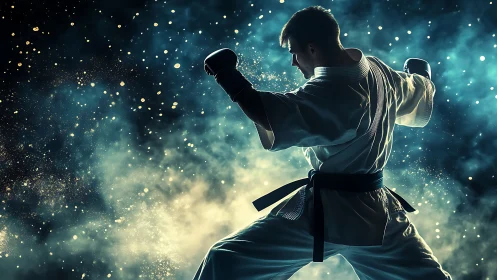 Karate black belt moves with focused power in glowing mist
