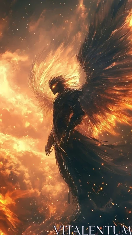 Celestial inferno seraph with molten wings amid storm clouds
