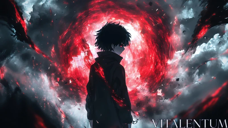 Dark anime figure stands before a swirling red energy vortex