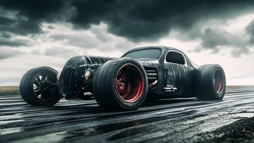 Futuristic wide-body hot rod on wet highway under stormy sky.