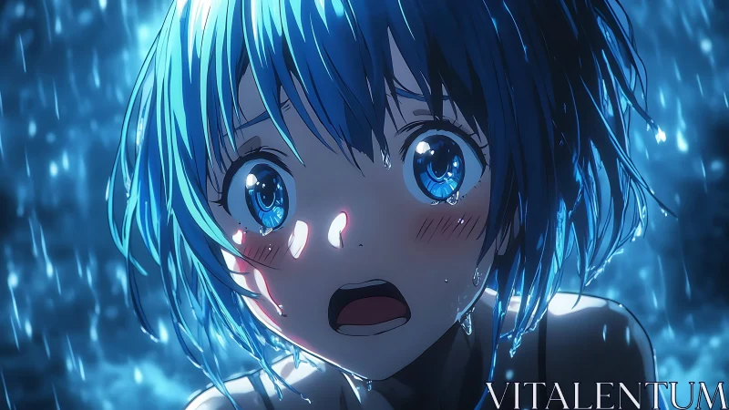 Shocked blue haired anime girl stares upward in heavy rain