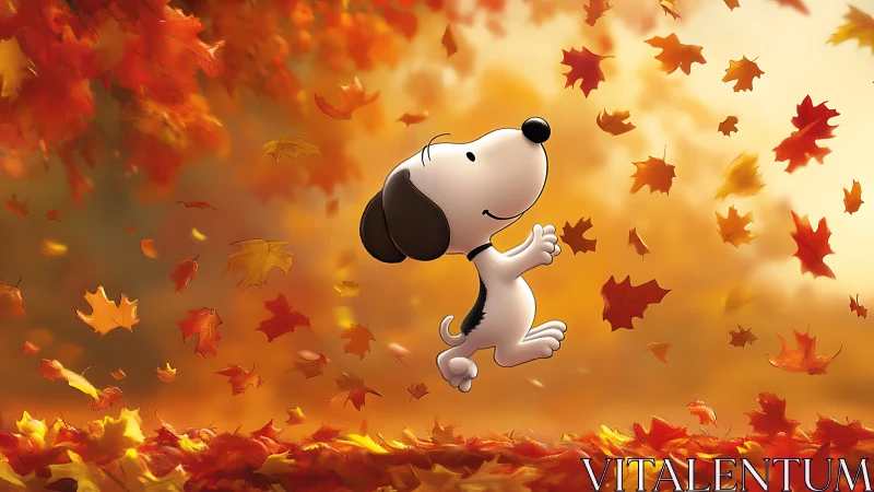 Cartoon beagle leaping through glowing autumn leaves.