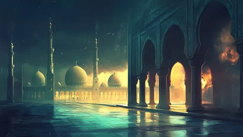 Golden mosque courtyard glows through stormy twilight haze
