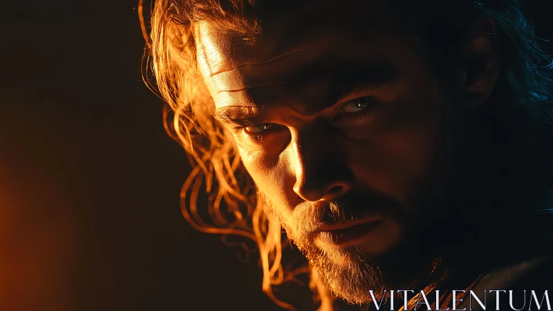 Moody firelit portrait of a determined long haired warrior.