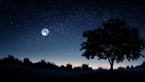 Lunar-illuminated grassland tree under dense stellar canopy.