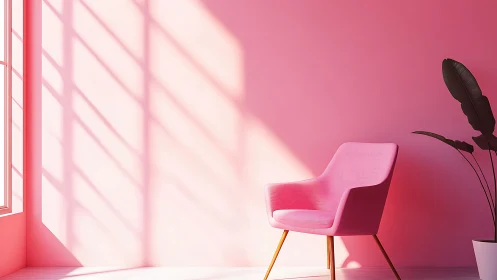 Pink armchair in bright minimalist sunlit interior corner.