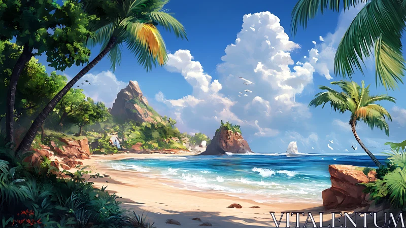Tropical Beach Cove with Palm Trees and Distant Island Peak.
