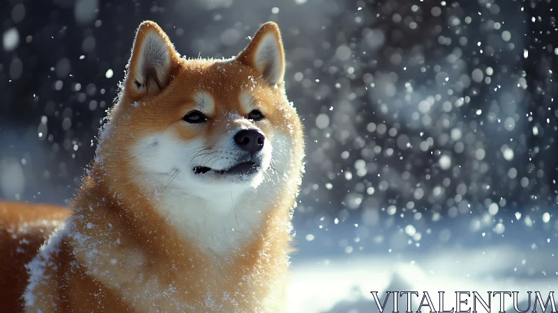 Red-coated dog stands in shallow depth snowy backlight scene