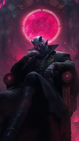 Horned demon lord sits on ornate throne under neon halo