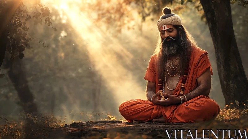 Forest sage meditates in golden sunlight, radiating calm