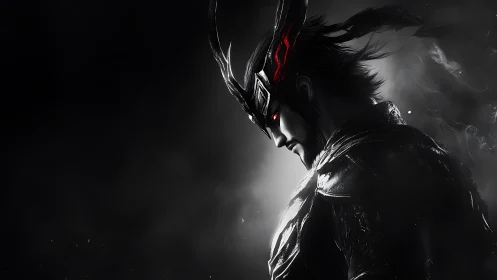 Shadowforged warlord gazes through embers of the abyss.