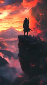 Lone cloaked warrior overlooks molten canyon at blazing sunset.