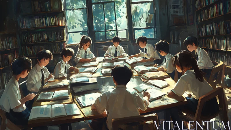 Group of students studying together in sunlit library room.
