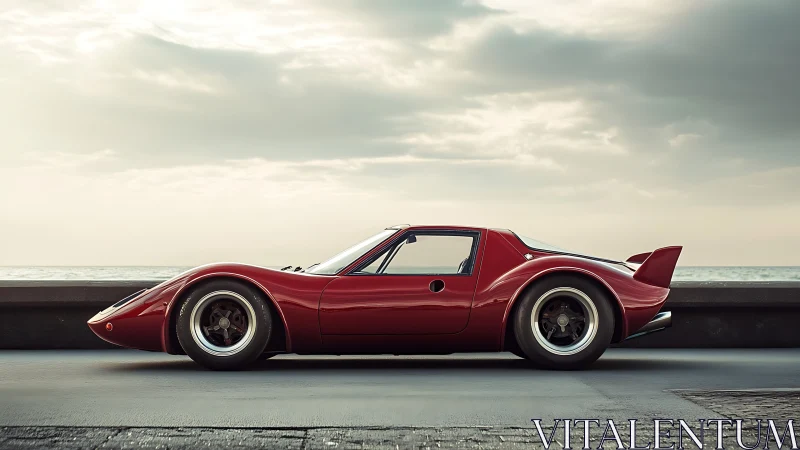 Low-slung red sports car rests beside a calm ocean horizon.
