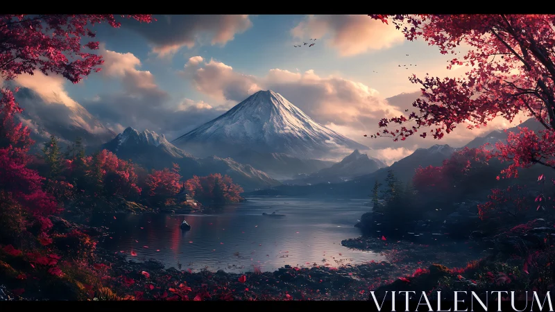 Crimson autumn lake embracing a snow crowned twilight peak.