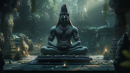 Meditating Shiva statue under mystical temple light.