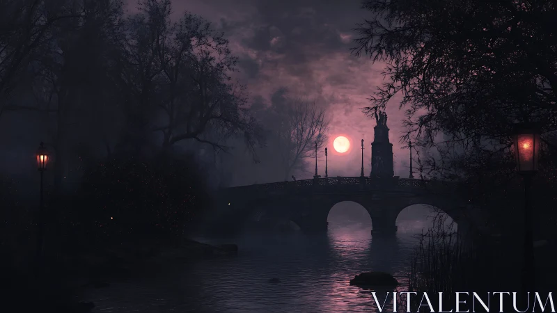 Midnight bridge under violet moon, where fog keeps secrets.