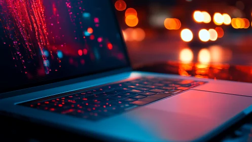 Laptop keyboard glows under neon bokeh with cybernetic reflections