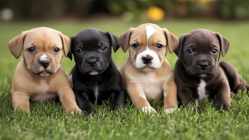 Symmetrical lineup of four short-haired puppies on grass surface