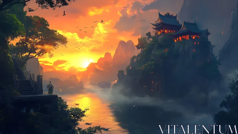 Mountain lake temple complex at sunset with distant figure.