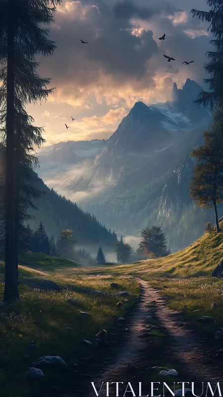 Golden hour mountain trail winds through misty evergreen valley